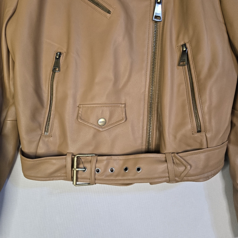 DKNY Women's Size Large Tan Faux Leather Moto Jacket, Belted With Zipper Details - Picture 10 of 11